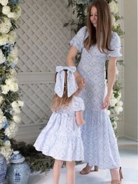 ANTONIO MELANI X BORN ON FIFTH BELMONDO BLUE TILE PUFF SLEEVE ANKLE MAXI DRESS